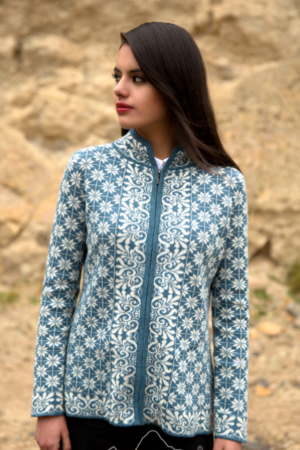 Norwegian alpaca cardigan – blå og hvid